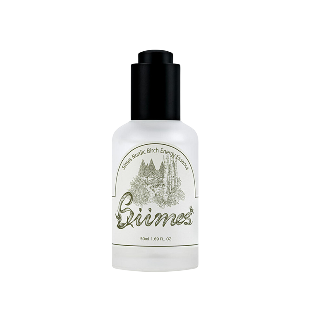 A 50ml bottle of Siimes Nordic Birch Energy Essence, showcasing a sleek design with a natural, earthy aesthetic.