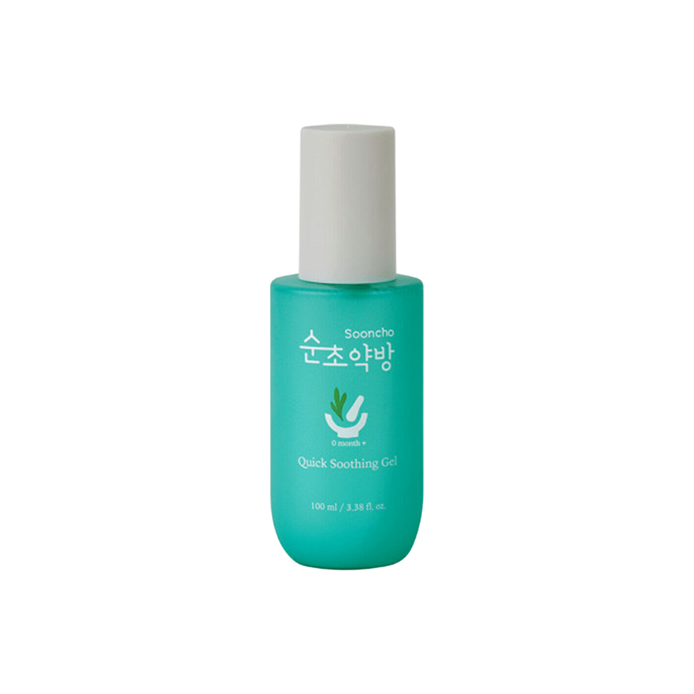 A 100ml bottle of Sooncho Quick Soothing Gel, ideal for fast relief and calming effect on skin.