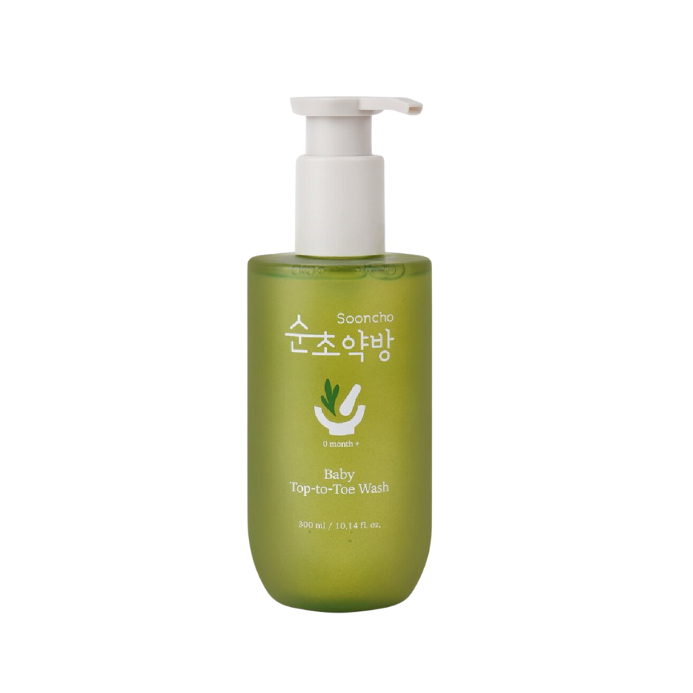 300ml Sooncho Top to Toe Wash in a clear plastic bottle with a green label.