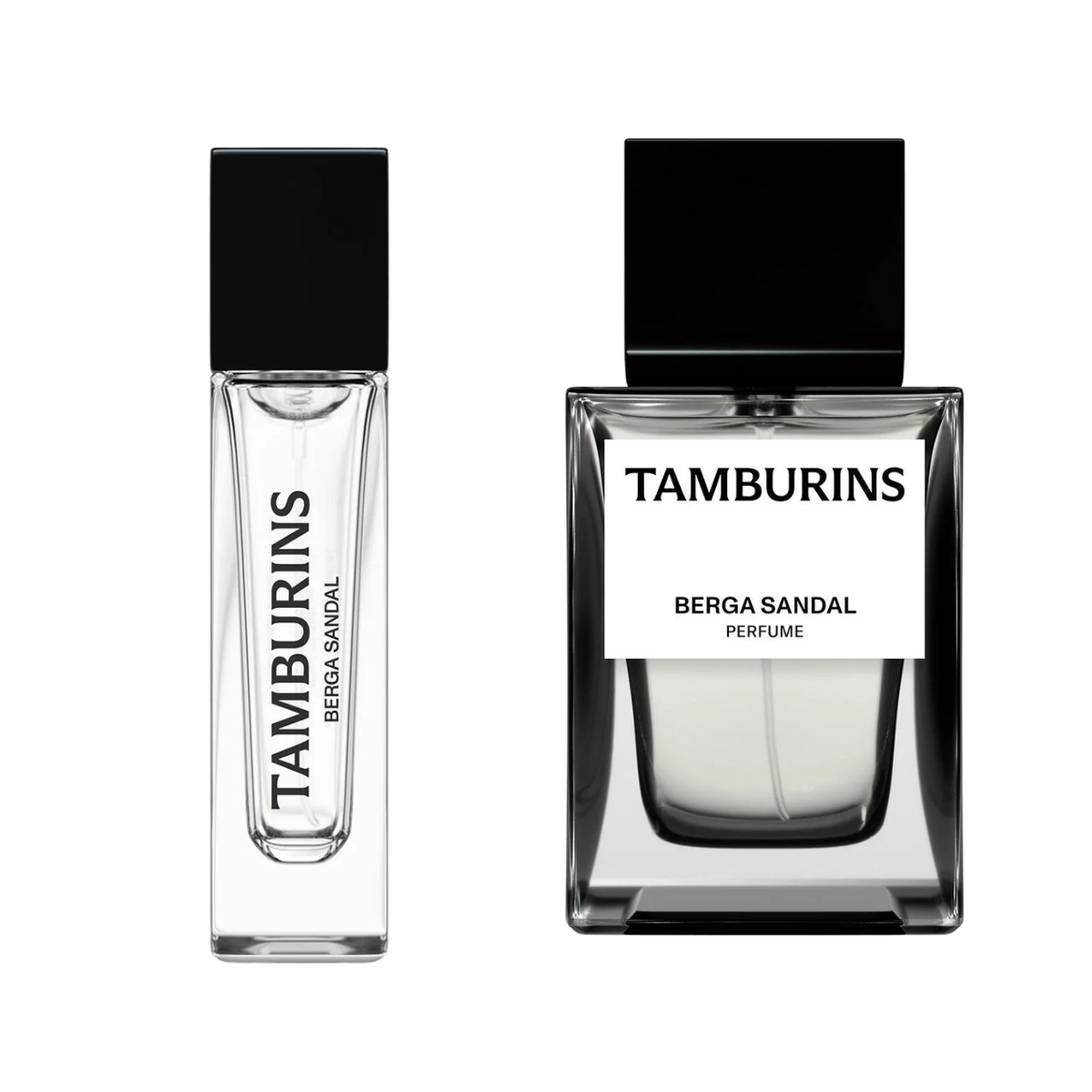 A bottle of TAMBURINS men's cologne and perfume, labeled as TAMBURINS Perfume #BERGA SANDAL 11ml / 50ml.