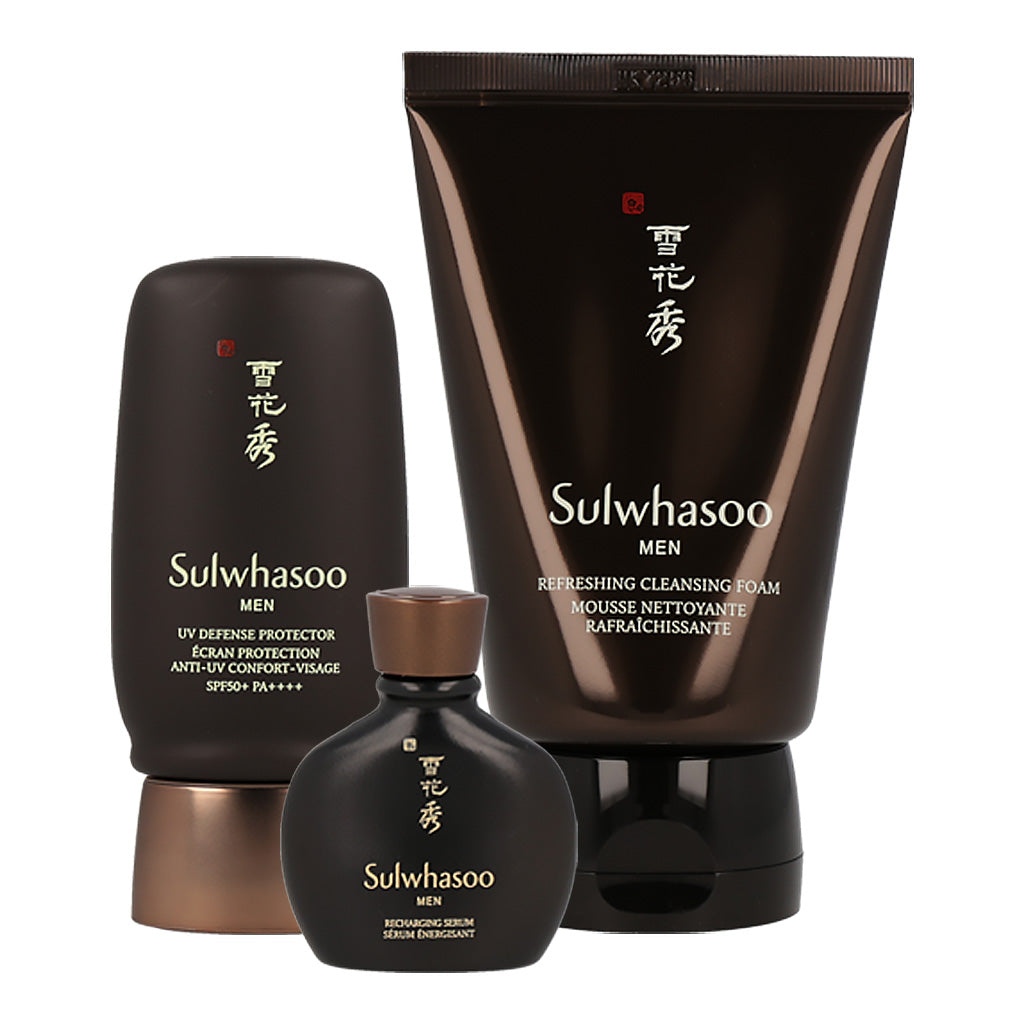 A set of three Sulwhasoo products including For Men UV Defense Protector in 50ml, 100ml, and 250ml sizes.