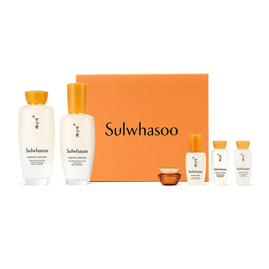 A set of 6 Sulwhasoo Essential Comfort Daily Routine items for skincare, including various products for daily use.