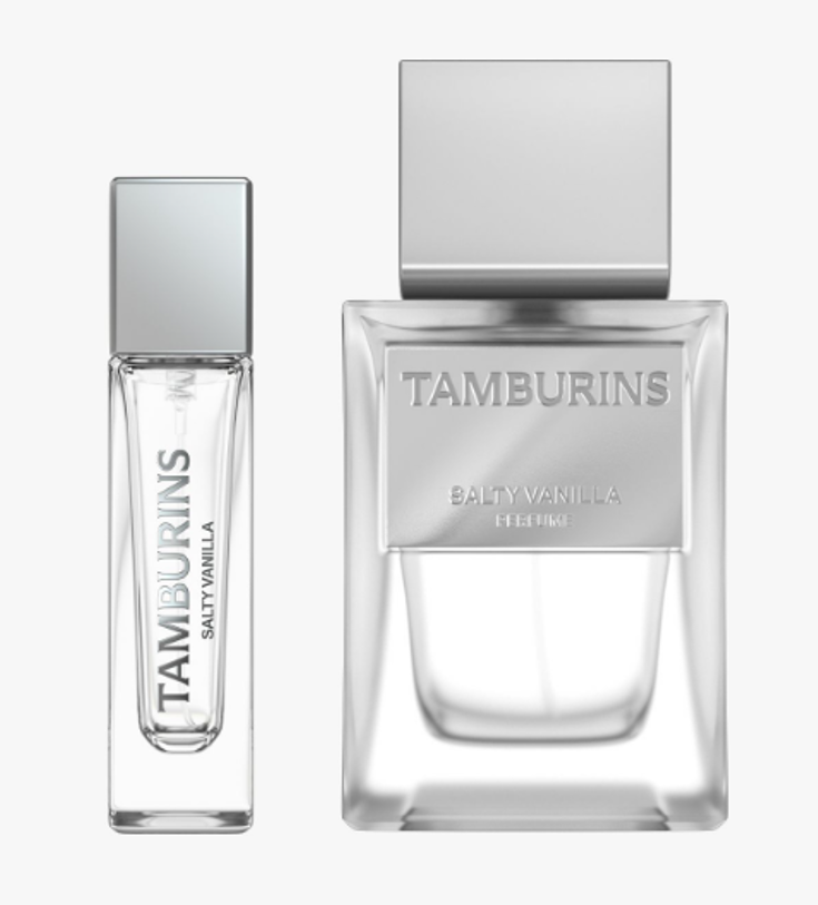 A bottle of Tamburins perfume, available in 11ml or 50ml sizes, with a scent described as salty vanilla.