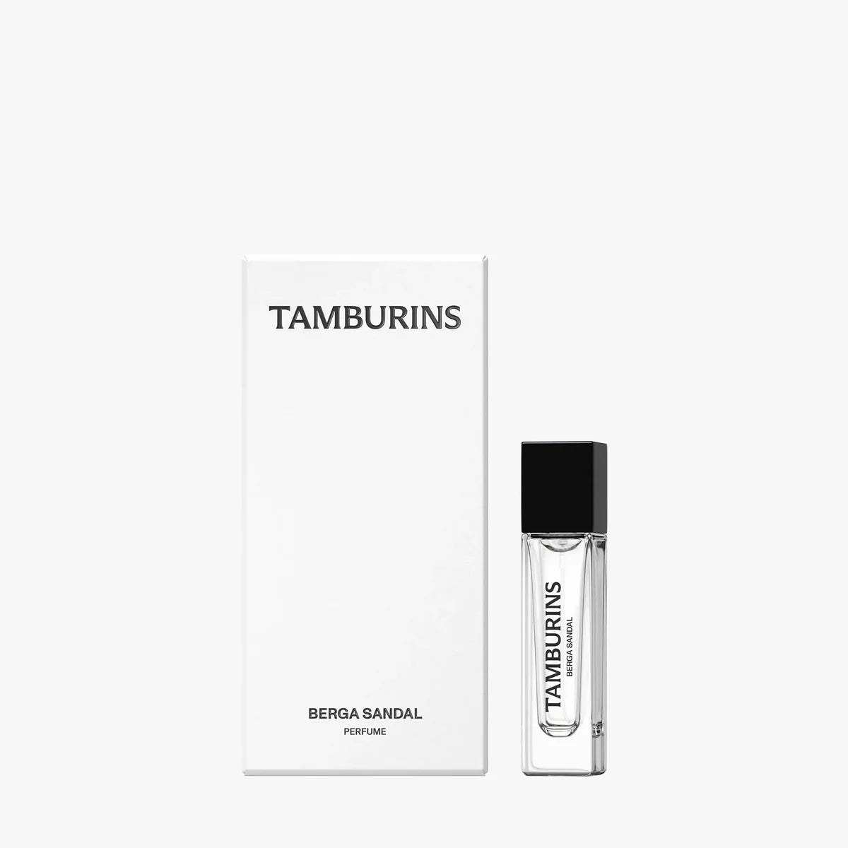 An elegant perfume bottle, labeled TAMBURINS Perfume #BERGA SANDAL 11ml, against a pure white backdrop.