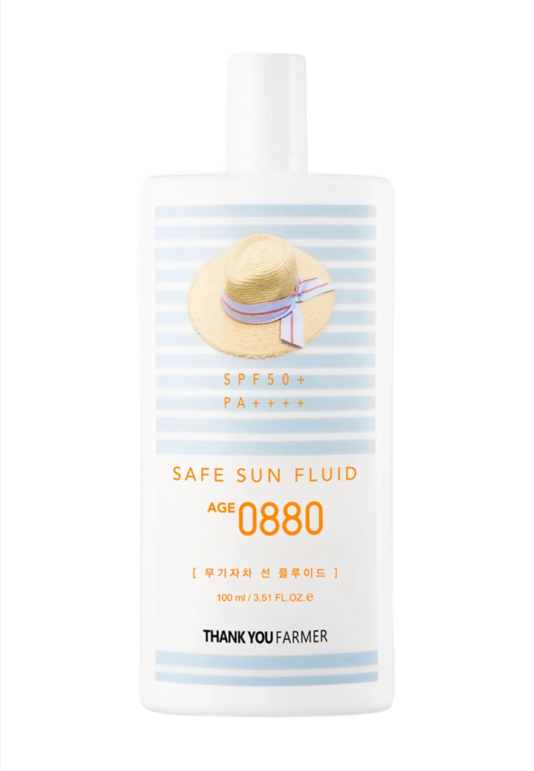 Image of THANK YOU FARMER Safe Sun Fluid AGE 0880 SPF50+ PA++++ 100ml sunscreen bottle.