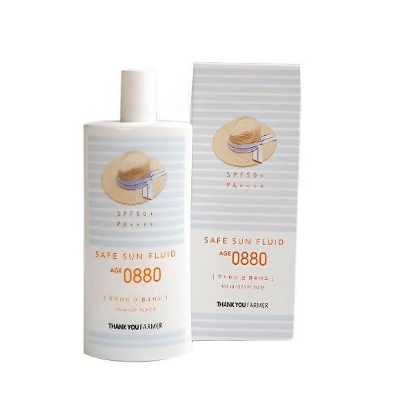 A bottle of THANK YOU FARMER Safe Sun Fluid AGE 0880 SPF50+ PA++++ 100ml with sun protection.