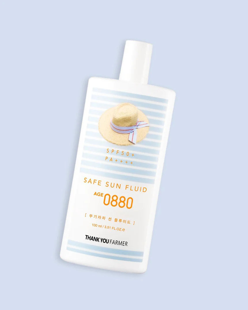 THANK YOU FARMER Safe Sun Fluid AGE 0880 SPF50+ PA++++ 100ml sunscreen for ultimate sun protection.