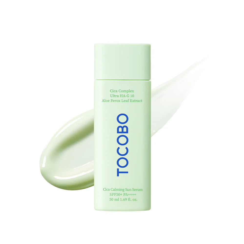 TOCOBO Cica Calming Sun Serum SPF50+ PA++++ 50ml bottle with green and white packaging.