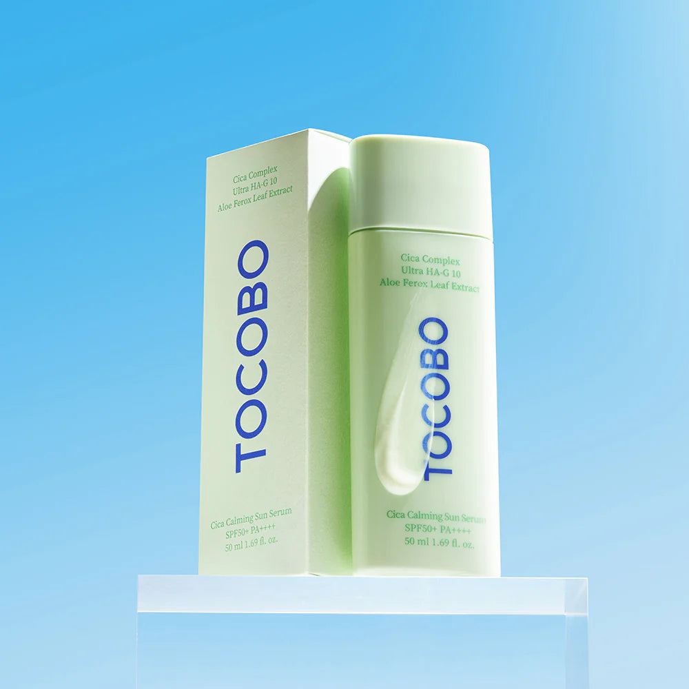 TOCOBO Cica Calming Sun Serum SPF50+ PA++++ 50ml in a compact green and white bottle.