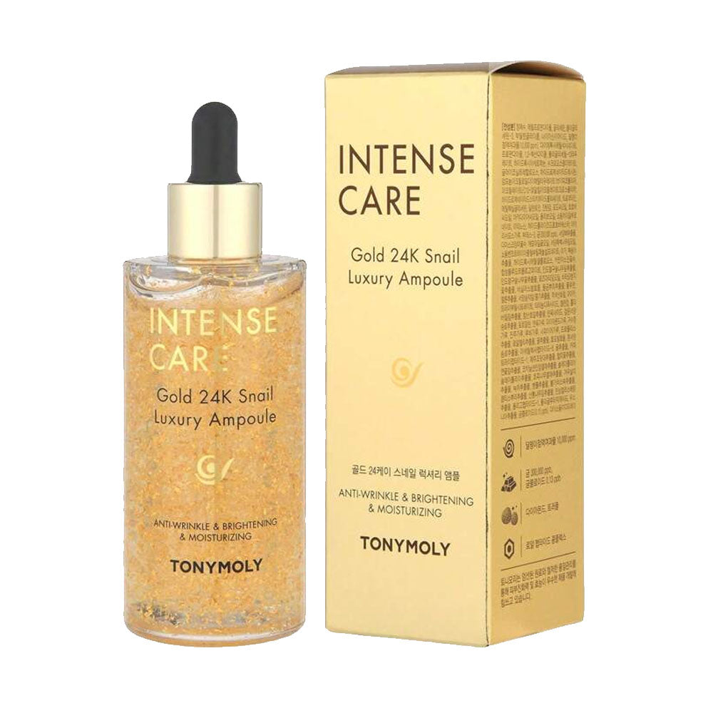 100ml bottle of TONYMOLY INTENSE CARE 24K GOLD Snail Luxury Ampoule, a luxurious skincare product for intense skin repair and hydration.