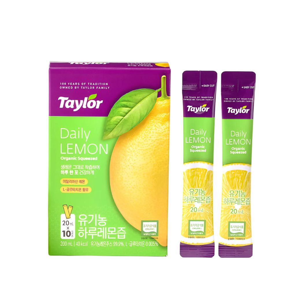 Refresh your day with Taylor Daily Lemon Organic Squeezed. This pack contains 3 boxes, each with 30 convenient 20ml sticks of organic lemon juice, providing a natural source of vitamin C and antioxidants.