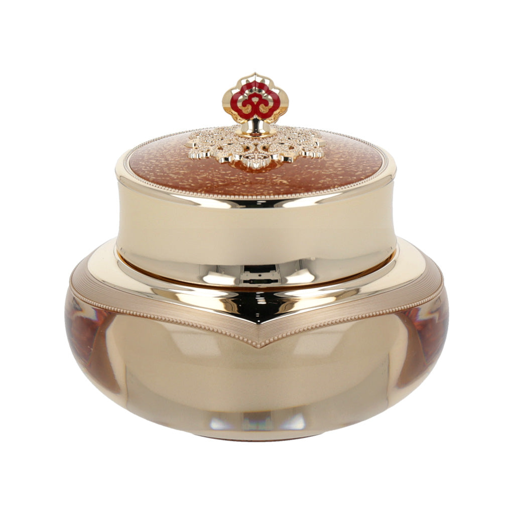 A gold and red container with a flower atop, showcasing 'The history of whoo Cheonyuldan Hwayul Ultimate Regenerating Cream 60ml'.