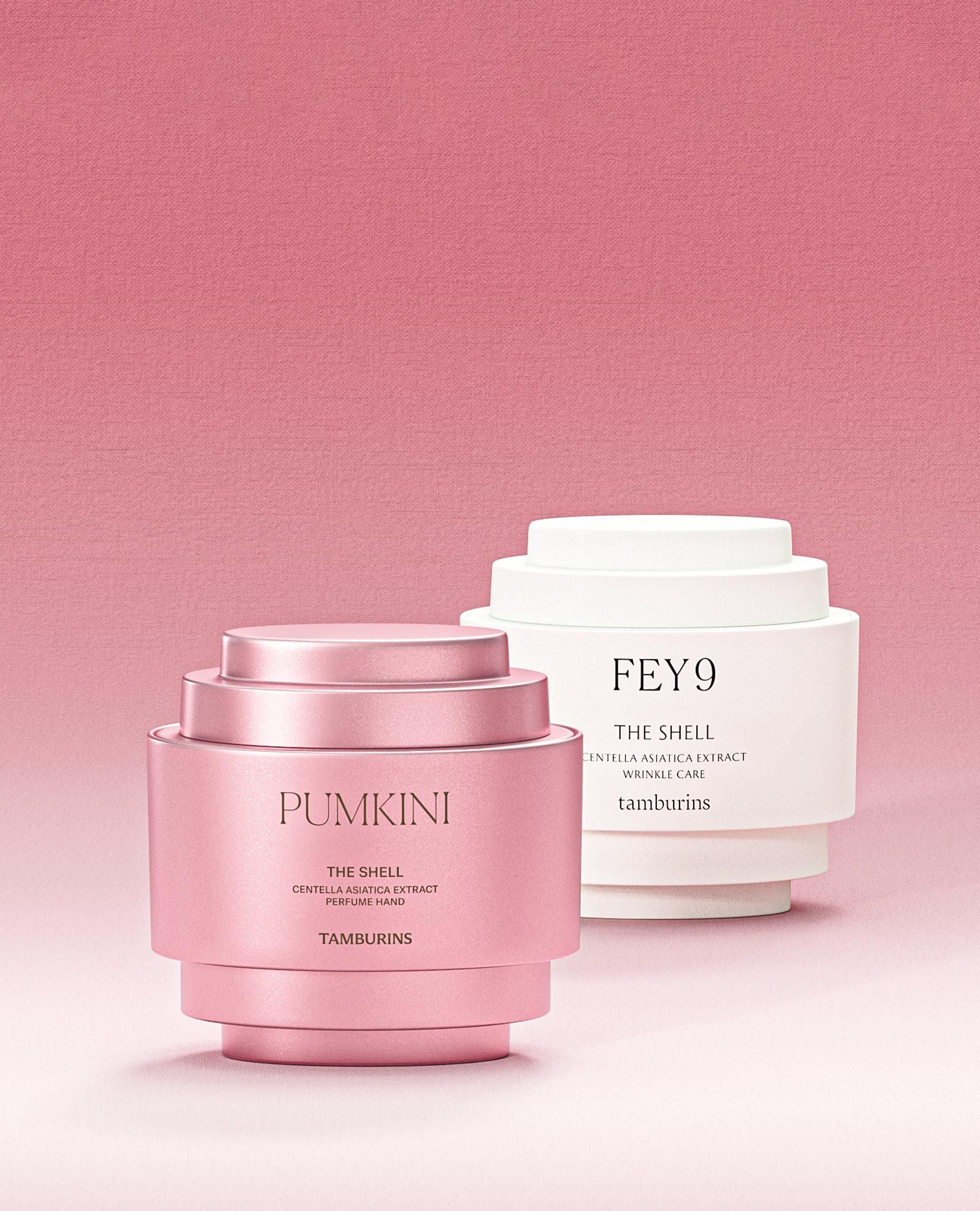 a pink and white container and a white container on a pink background