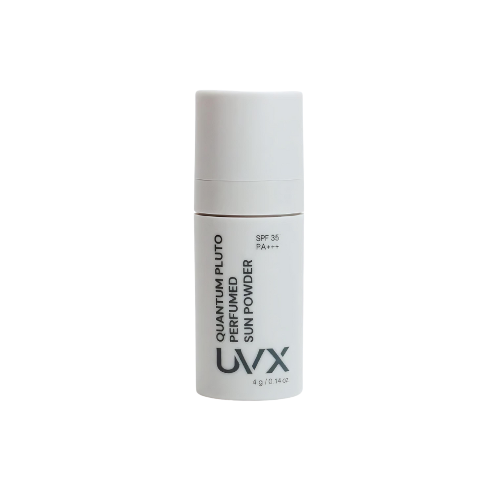 UVX Quantum Pluto Perfume Sun Powder SPF35 PA+++ 4g in compact packaging.