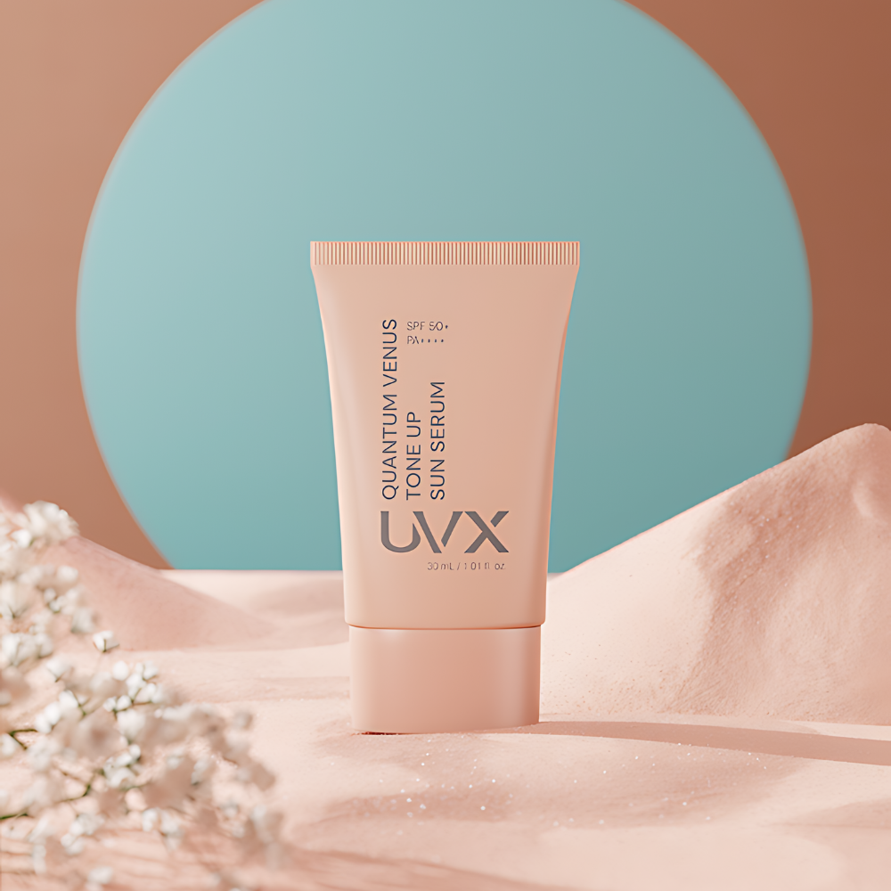 UVX Quantum Venus Tone Up Sun Serum SPF50+ PA++++, 30ml, offers superior sun defense while enhancing skin tone and texture.