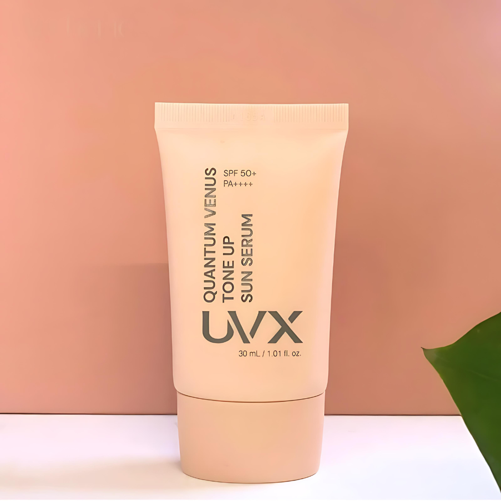 30ml bottle of UVX Quantum Venus Tone Up Sun Serum SPF50+ PA++++, delivering advanced sun protection and skin tone brightening.