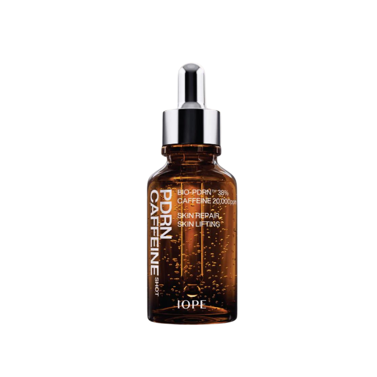 IOPE PDRN Caffeine Shot Ampoule 30ml/50ml in a clear glass bottle with a silver cap.