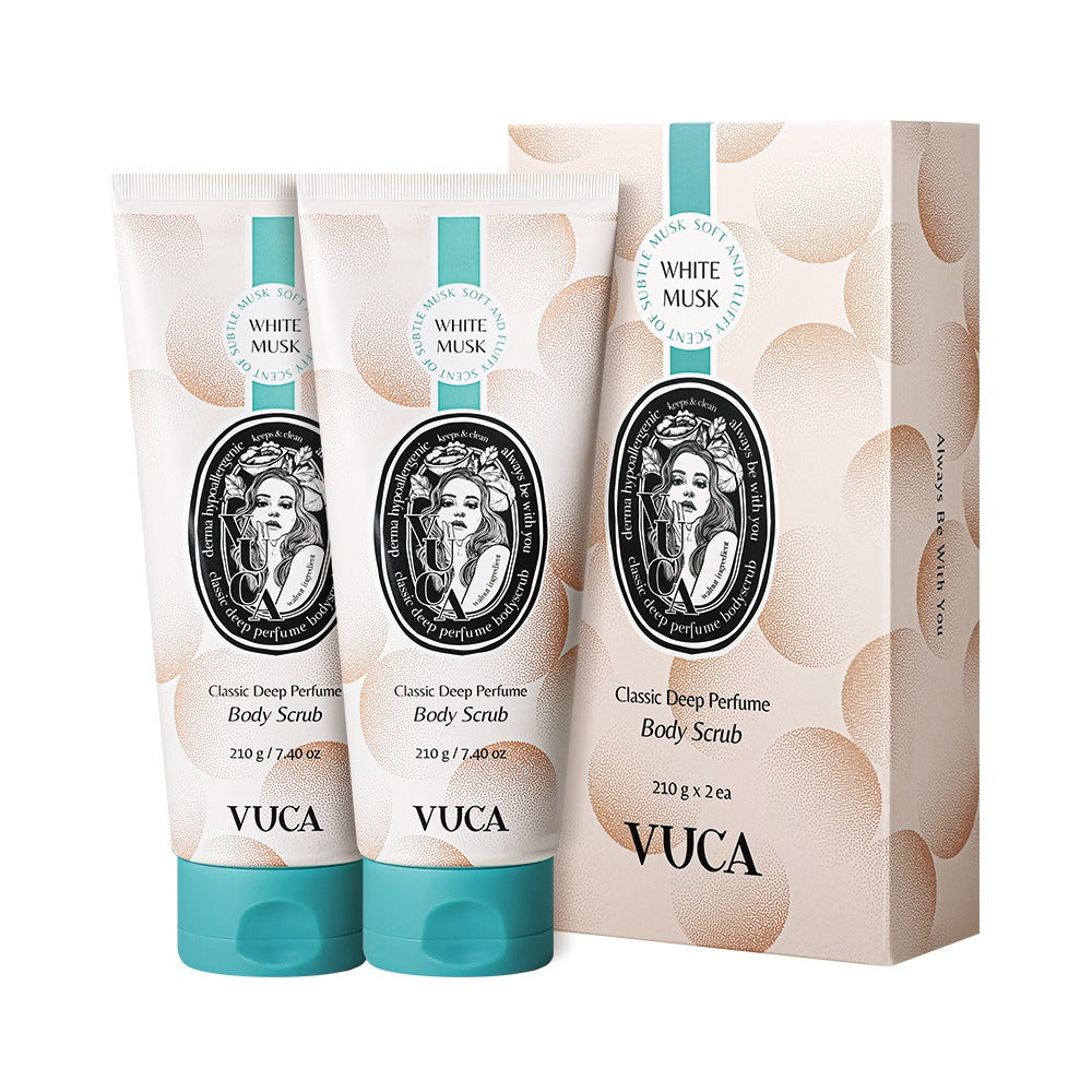 VUCA Classic Deep Perfume Body Scrub 210g, a rich exfoliating treatment that enhances skin softness and imparts a lovely fragrance.