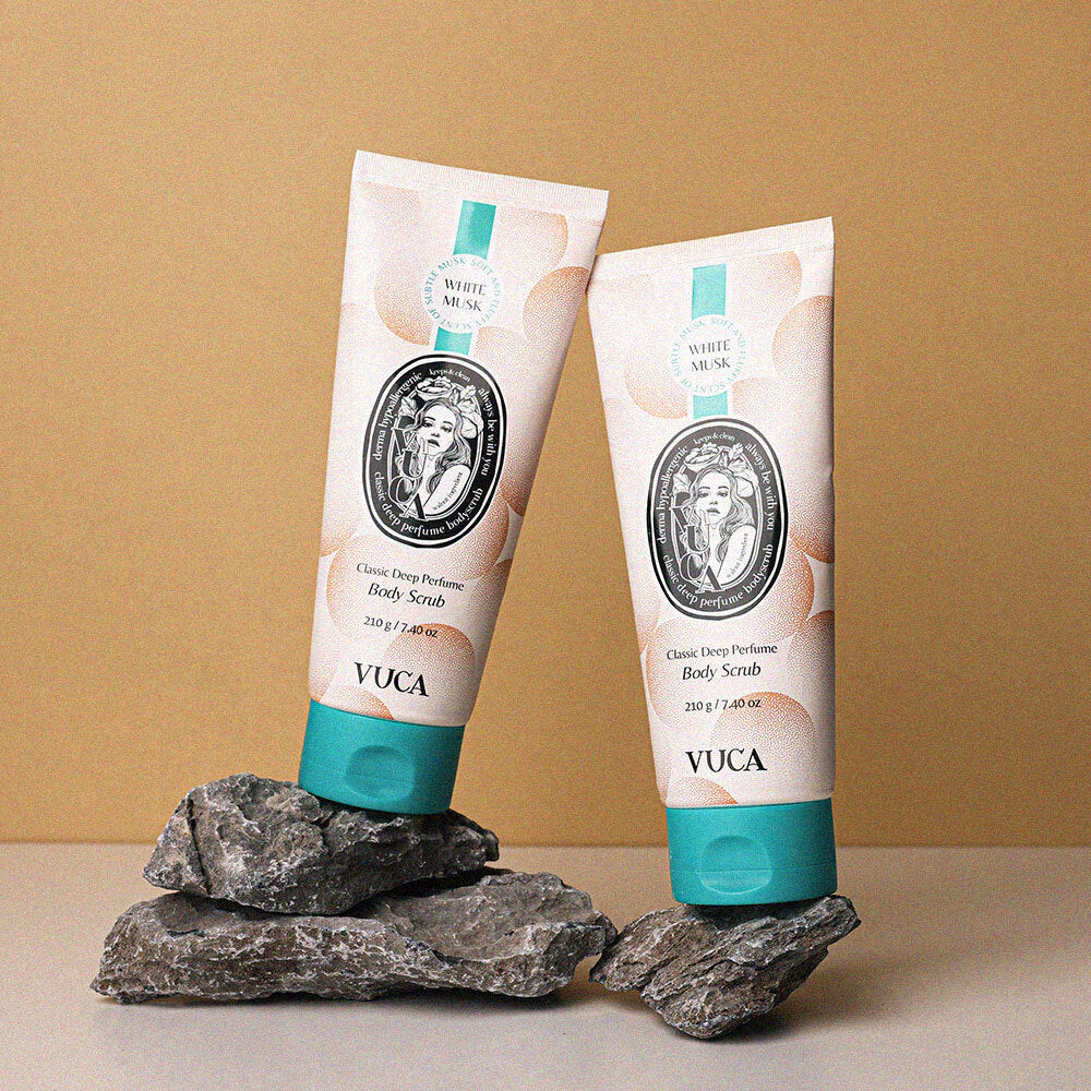 VUCA Classic Deep Perfume Body Scrub 210g, an indulgent body scrub that exfoliates while leaving a lasting, pleasant scent.