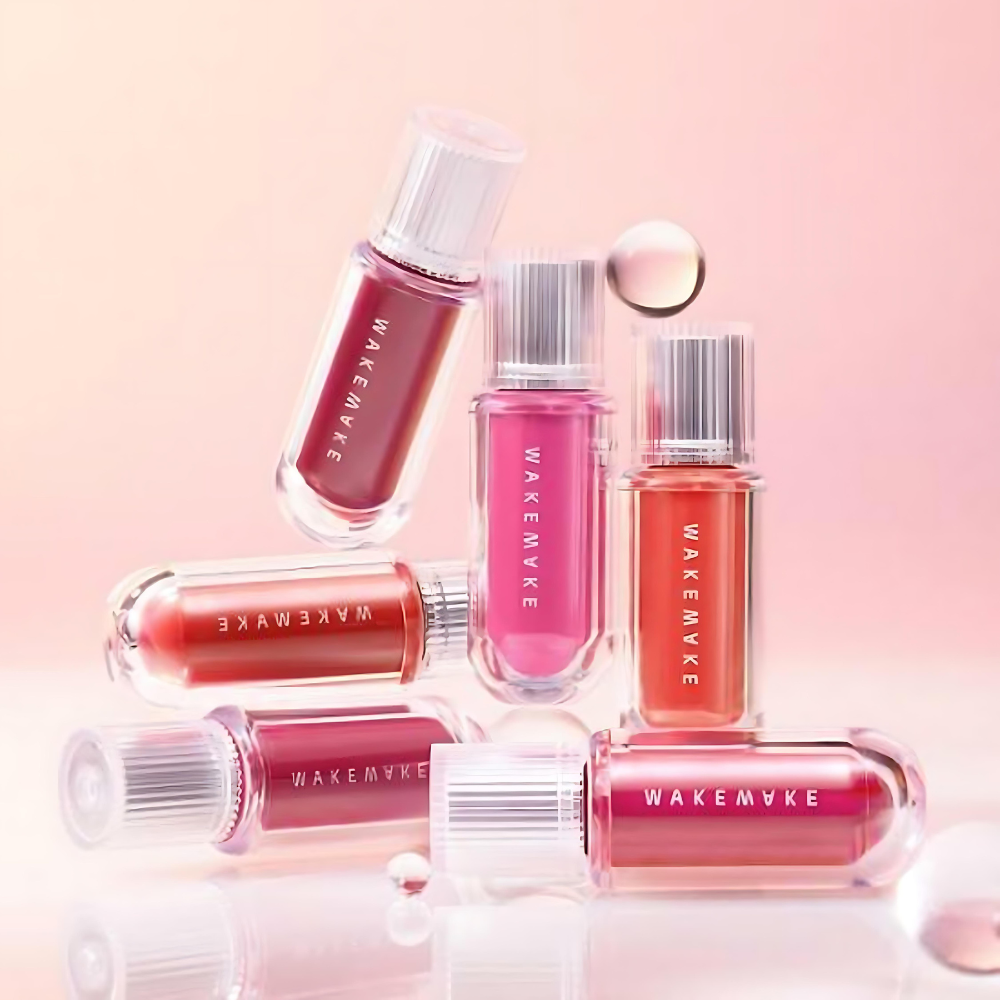 A collection of six 4g WAKEMAKE Watery Tok Tint Renewal shades, perfect for achieving a hydrated and colorful lip finish.