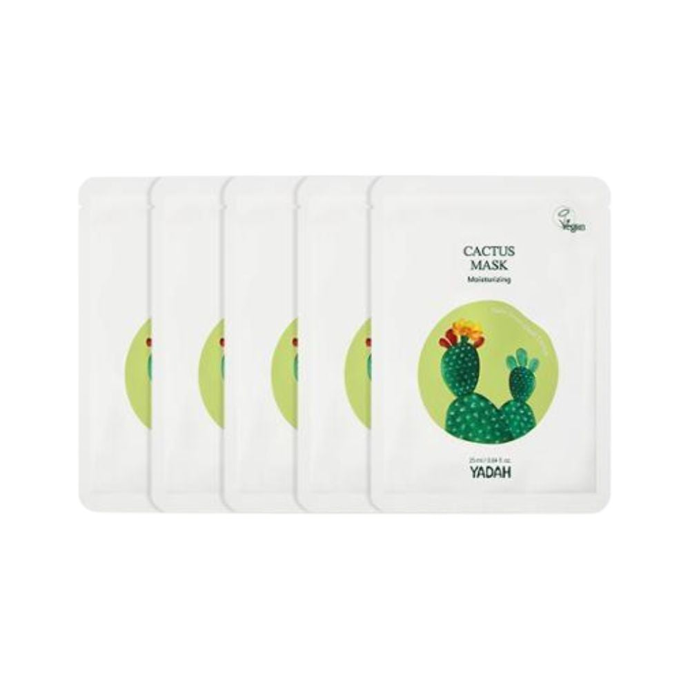 YADAH Cactus Mask Sheet (25ml * 5ea), a set of five hydrating sheet masks infused with cactus extract to deeply nourish and moisturize the skin. 