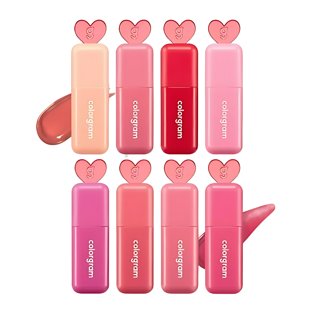 Cologram Juicy Blur Tint in 8 vibrant shades, 3.4g each, perfect for a fresh and colorful lip look.