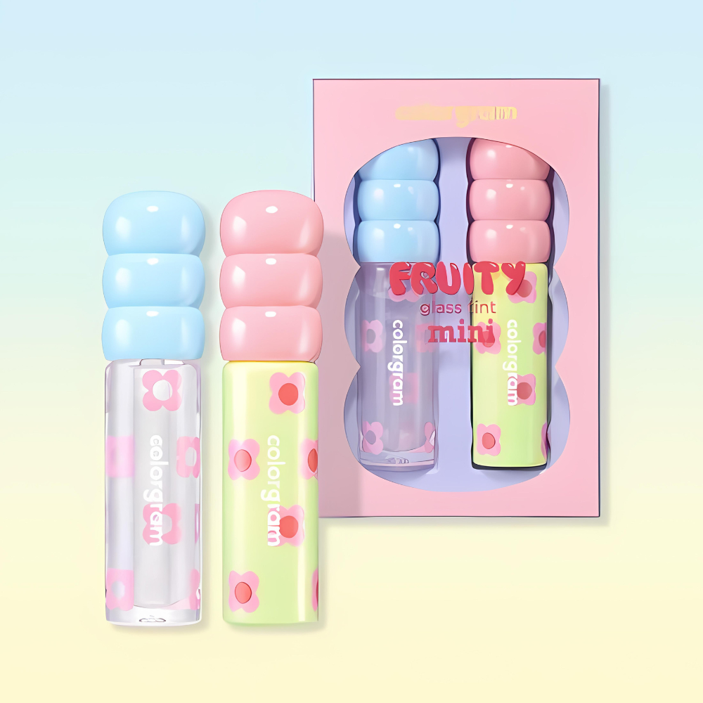 Fruity Glass Tint Mini Duo, 1.6g each, featuring bright, playful colors ideal for a refreshing touch to your makeup.