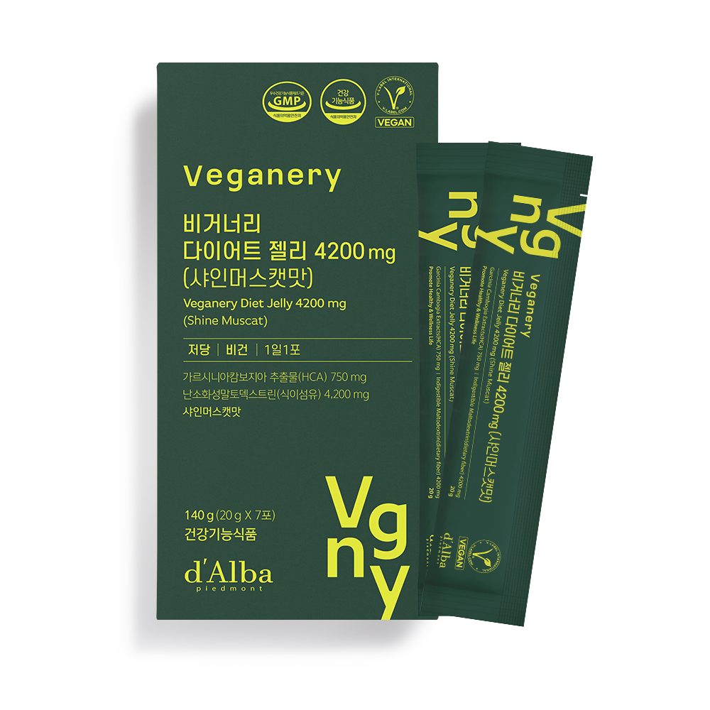 A box of d'Alba Veganery Diet Jelly in Shine Muscat Flavor, containing 4200mg. Each box has 7 packets of 20g each.