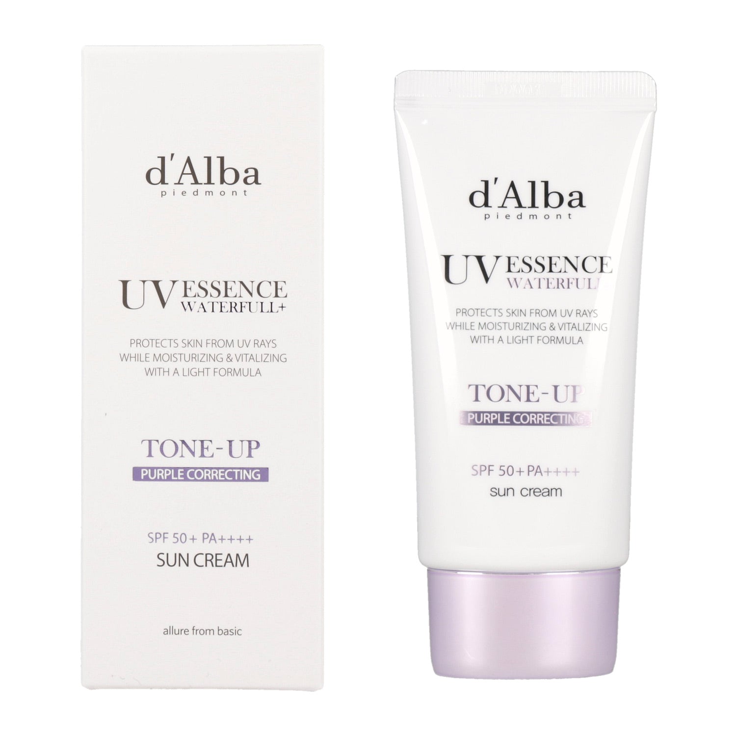 A bottle of d'Alba UV Essence Tone Up Cream, a purple Waterfull Tone Up Suncream with SPF50+/PA+++