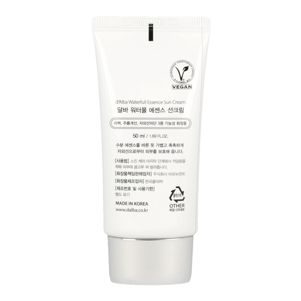 d’Alba UV Essence Waterfull Sun Cream SPF50+ PA++++ 50ml - delivers deep hydration and leaves the skin feeling fresh and dewy.