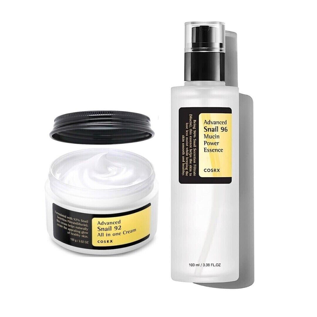 A set of COSRX skincare products including Advanced Snail 96 Mucin Power Essence 100ml and Snail 92 All In One Cream 100g.