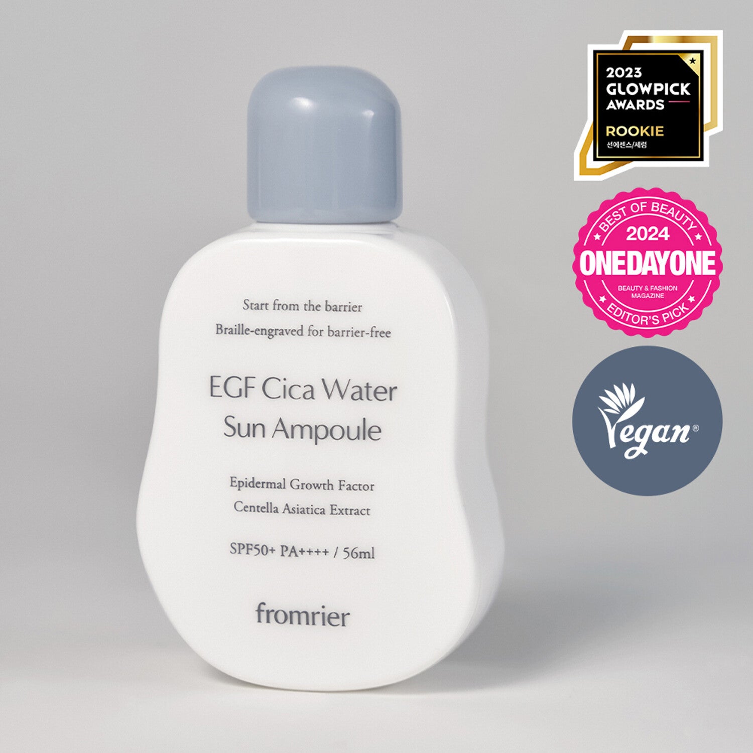 Vegan EGF Cica Water Sun Ampoule SPF50+ PA++++ 56ml bottle with a green cap.