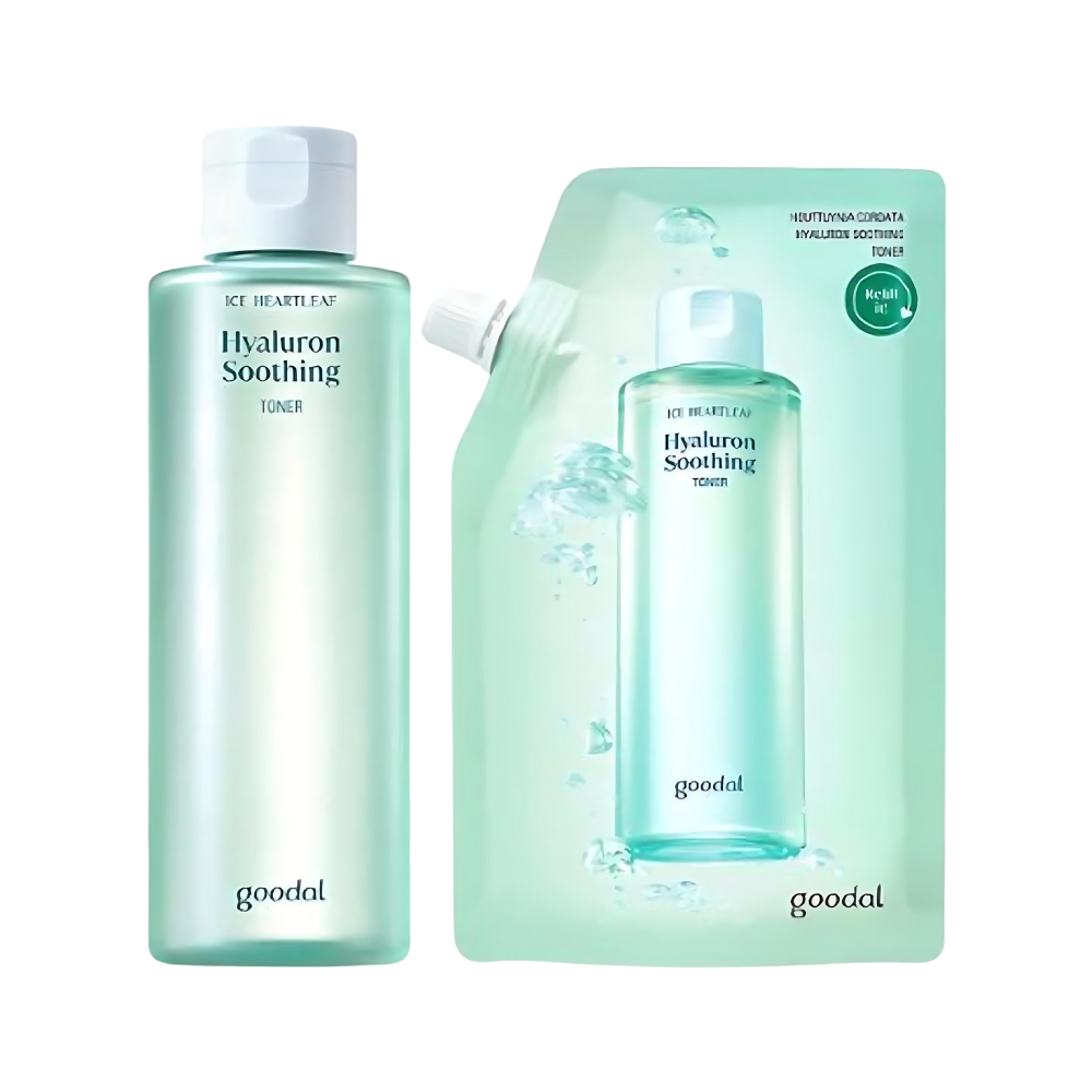 Goodal Heartleaf Hyaluron Soothing Toner 350ml with a 350ml refill, designed for hydration and soothing skin care.