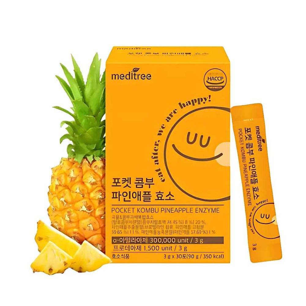 Enjoy a tropical boost of health with meditree Pocket Kombu Pineapple Enzyme. This pack contains 30 convenient 3g sticks, each infused with kombu and pineapple enzymes to support digestive health and enhance nutrient absorption. 