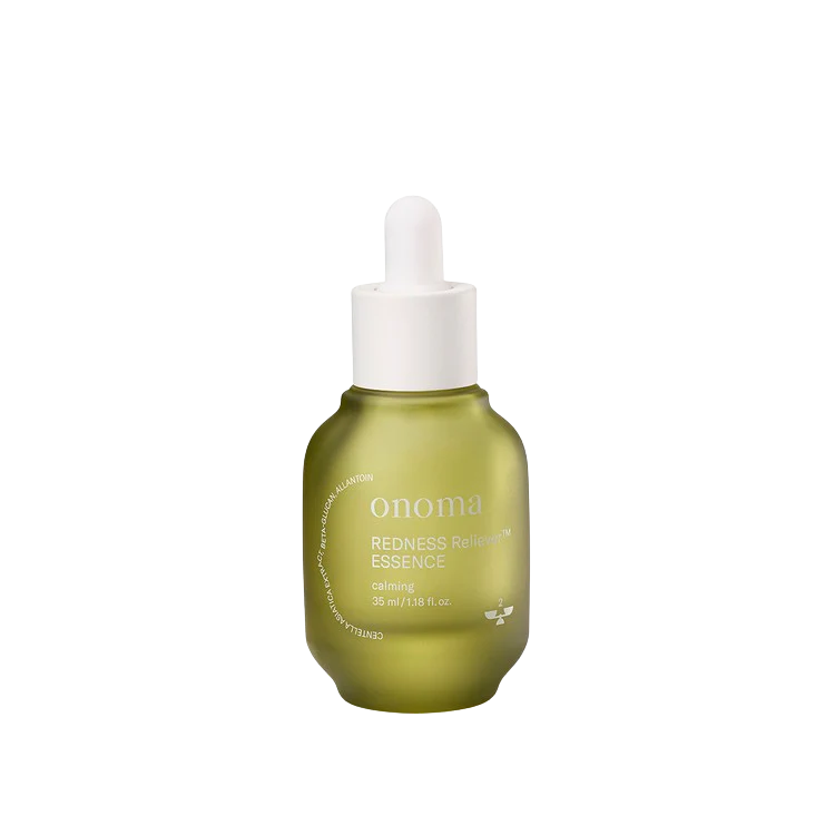 A 35ml bottle of onoma REDNESS Reliever™ Essence, designed to reduce redness on the skin.