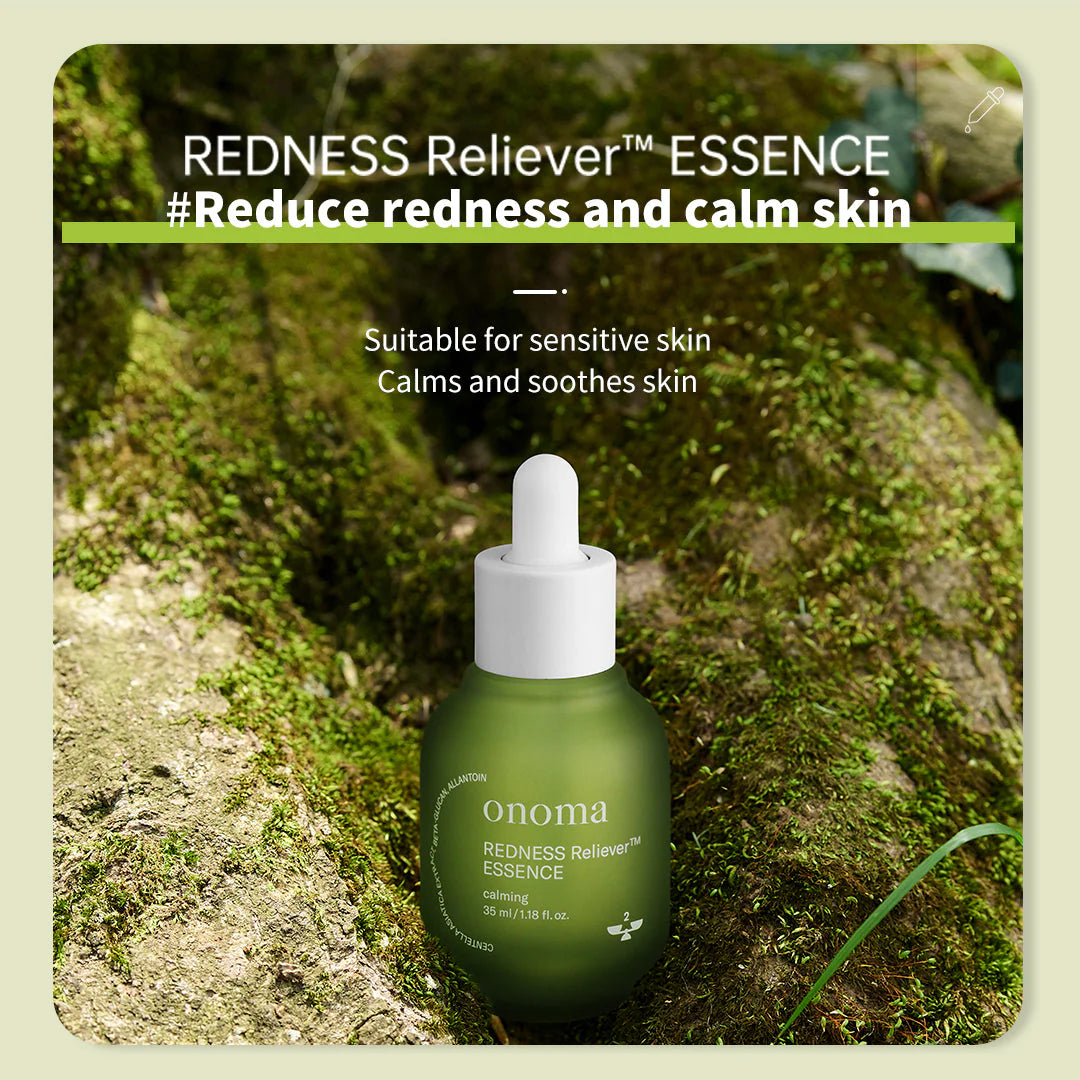 Reduce redness with onoma REDNESS Reliever™ Essence 35ml bottle for a healthier complexion.