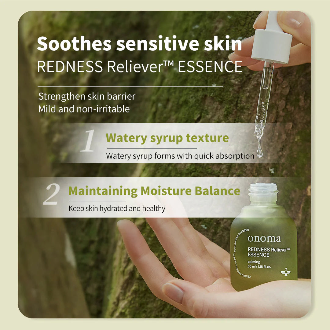 Calm and soothe skin redness with onoma REDNESS Reliever™ Essence 35ml bottle.