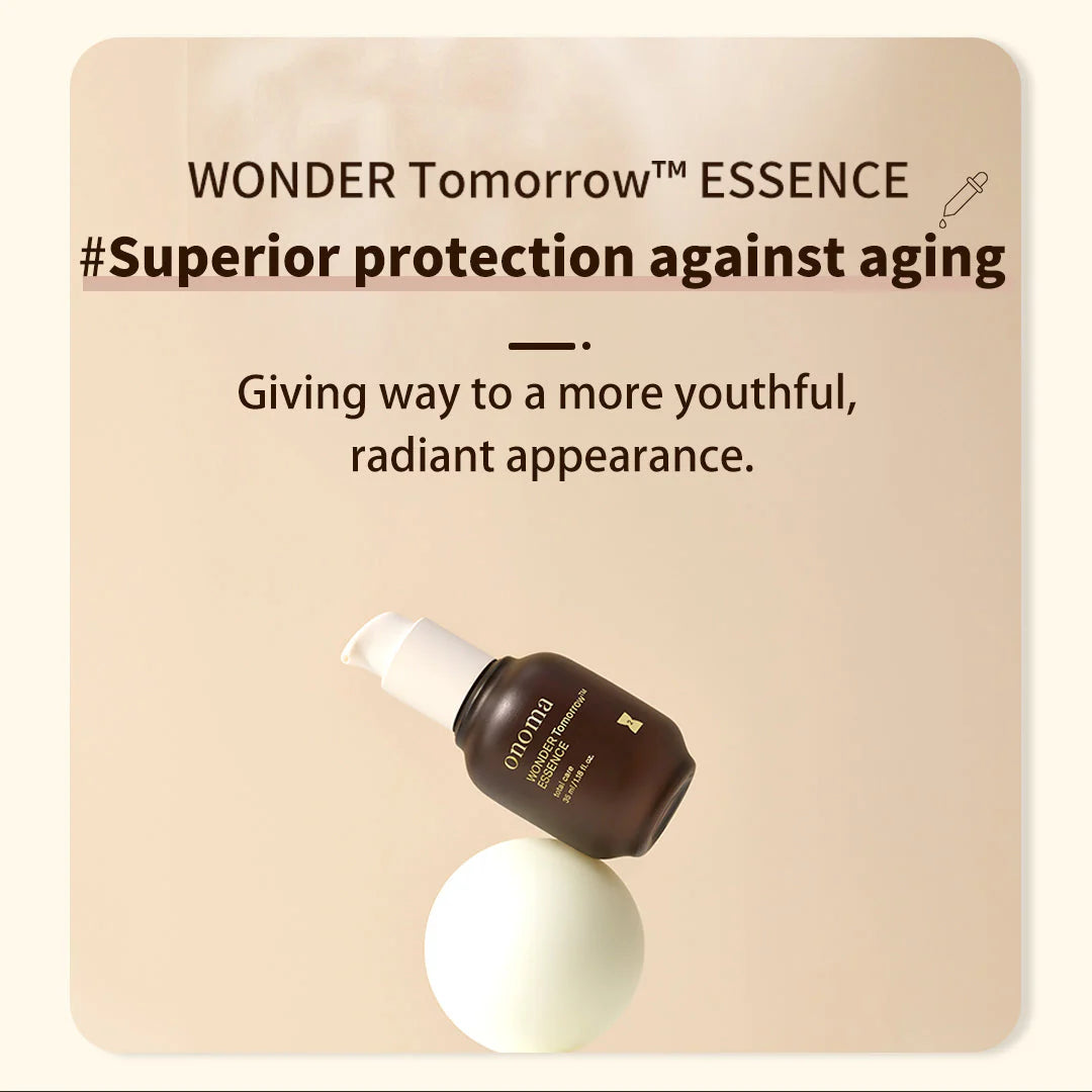 Onoma WONDER Tomorrow™ Essence 35ml bottle, a luxurious skincare product with a futuristic look, designed to revitalize and rejuvenate your skin.