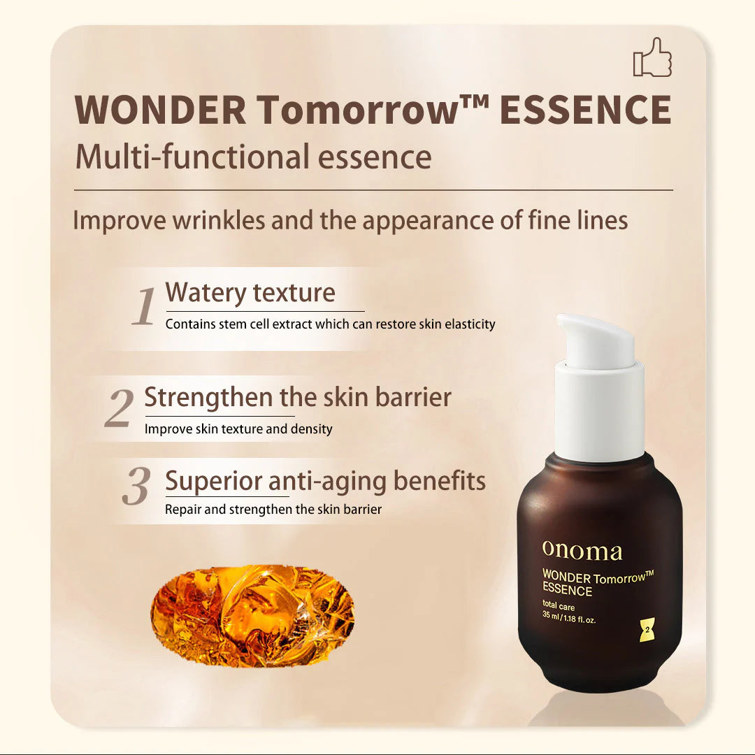 Onoma WONDER Tomorrow™ Essence 35ml bottle, a chic and innovative skincare solution that embodies hope and renewal for your complexion.