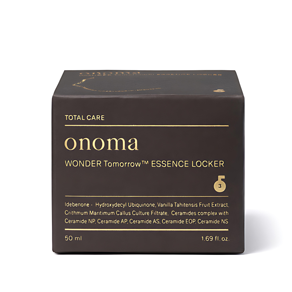 Elegant 50ml Onoma Wonder Tomorrow Essence Locker bottle with gold accents.