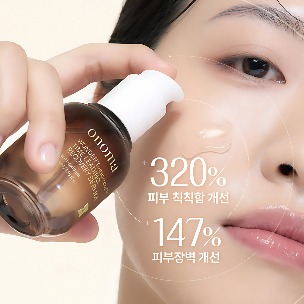 Woman applying the 35ml onoma Wonder Tomorrow Time Reading Recovery Serum.