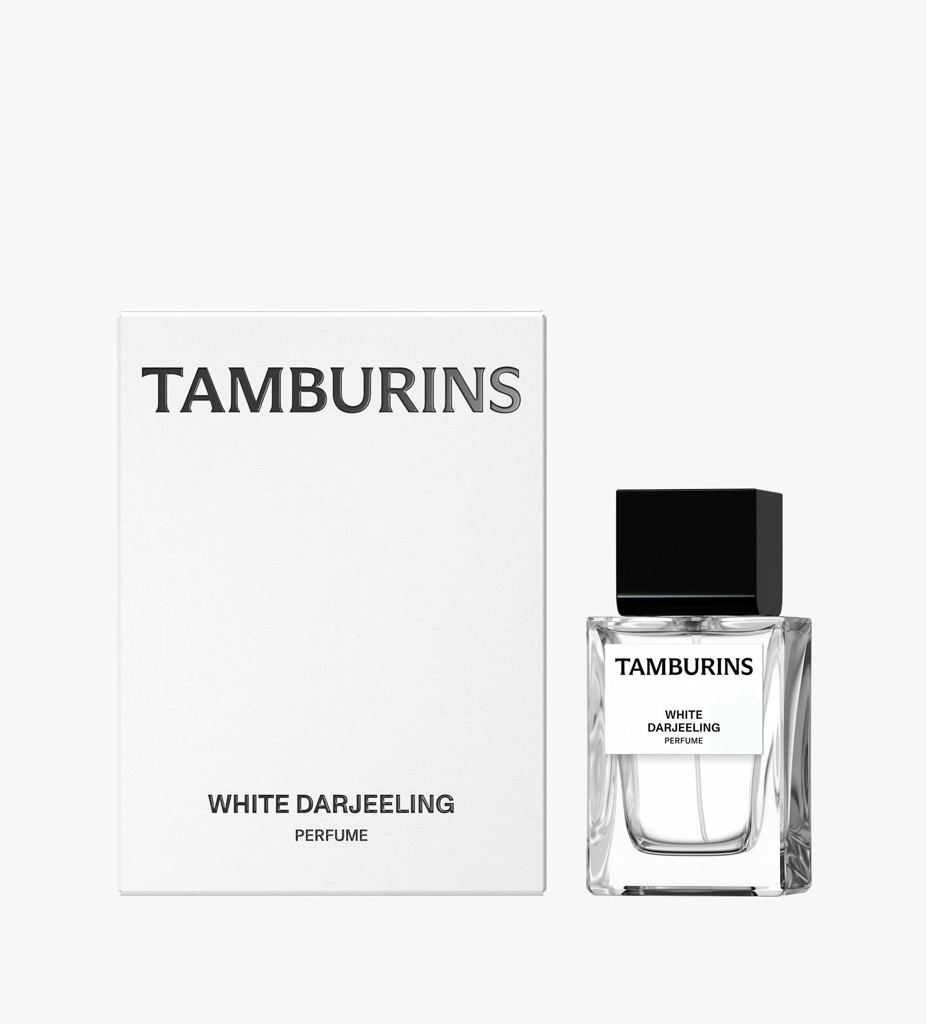 11ml or 50ml TAMBURINS Perfume bottle in white, infused with Darjeeling scent.