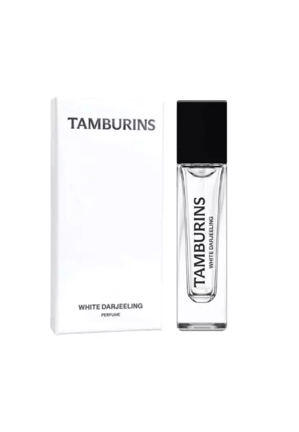TAMBURINS Perfume in white bottle, offering Darjeeling fragrance in 11ml or 50ml sizes.