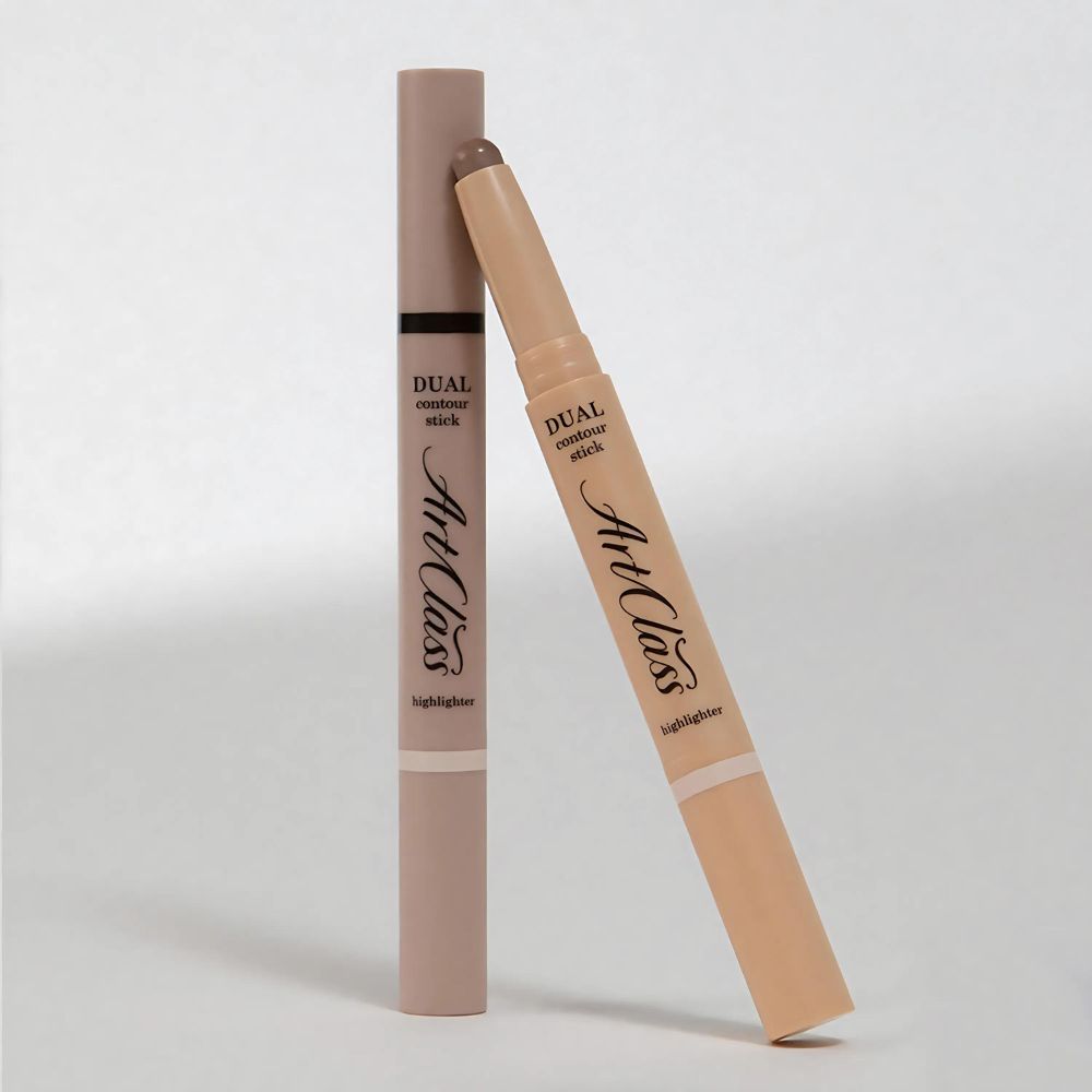 One end features a soft, natural-toned shade for shading and defining, while the other end has a lighter hue perfect for highlighting and adding dimension.