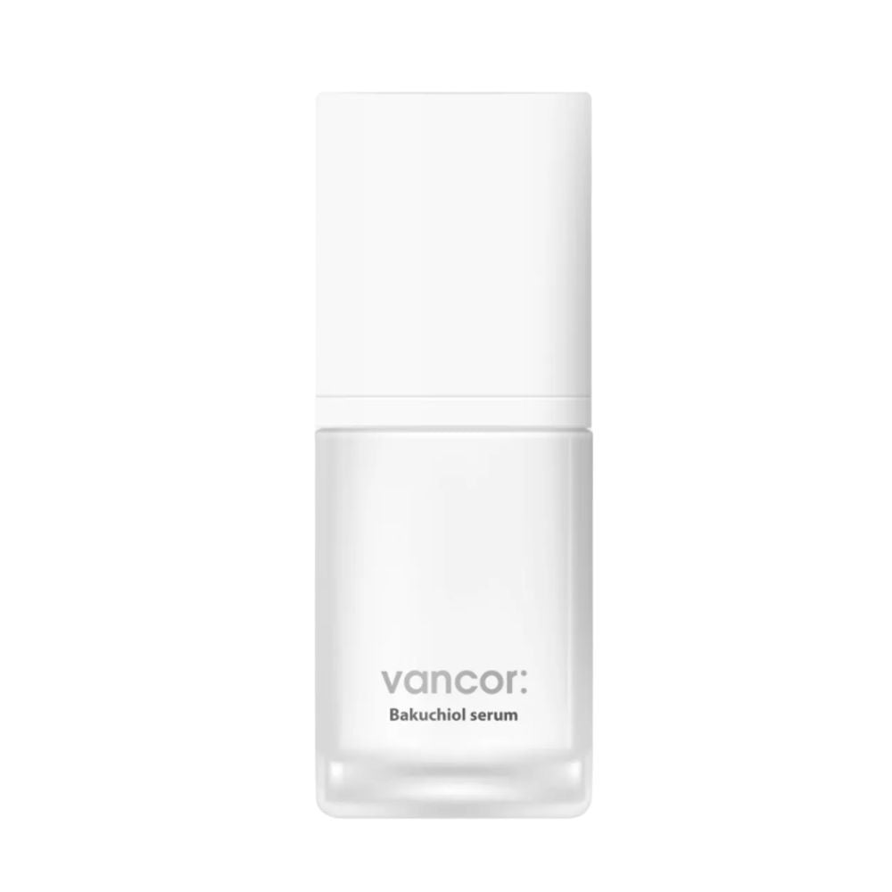 vancor: Bakuchiol Serum 30ml, a gentle anti-aging serum formulated with bakuchiol, a plant-based alternative to retinol. This serum targets fine lines, uneven texture, and dullness while being suitable for sensitive skin types. 