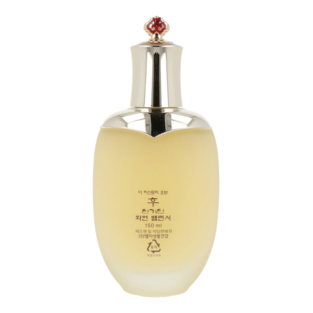 A bottle of 'The history of whoo Cheongidan Hwahyun Radiant Rejuvenating Balancer 150ml' with rose essence."