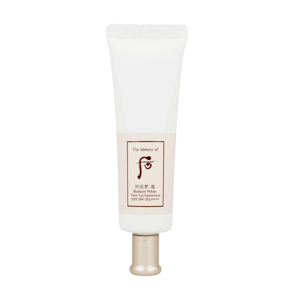 Face cream tube by The Face Shop, with The history of whoo Gongjinhyang Seol Radiant White Tone-up Sun Sunscreen SPF50+ PA++++ 50ml.