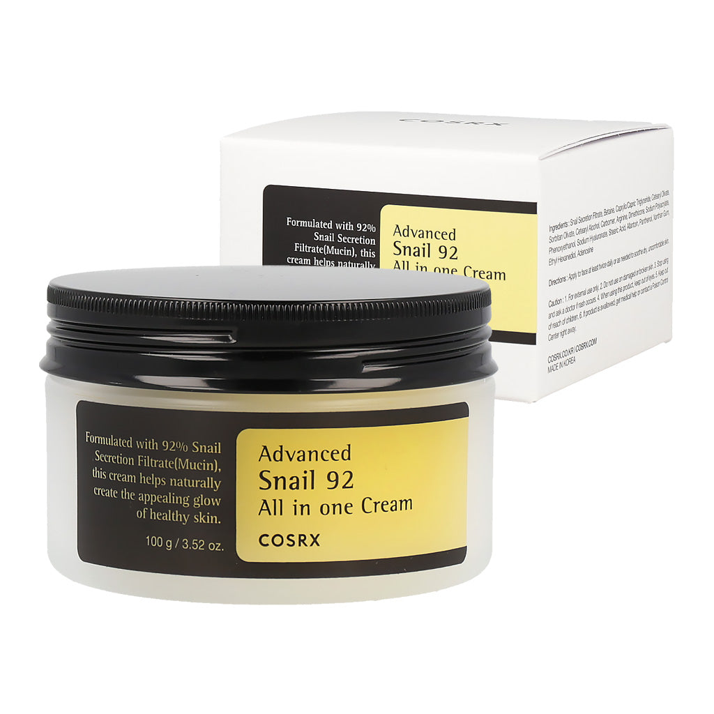 Picture of COSRX Advanced Snail 92 All in One Cream, a 100g jar of skincare product containing snail mucin for hydration and repair.