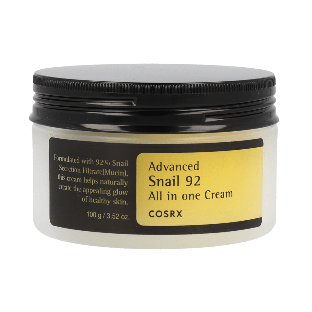 A 100g jar of COSRX Advanced Snail 92 All in One Cream, a popular skincare product with snail mucin for hydration and repair.