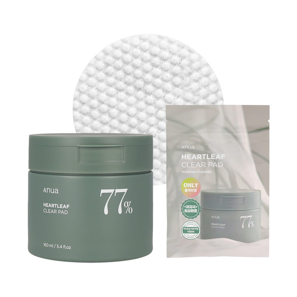 ANUA Heartleaf 77% Clear Pad 70 Sheets 160g with a jar of 70% aloe vera gel and a packet of cotton pads.
